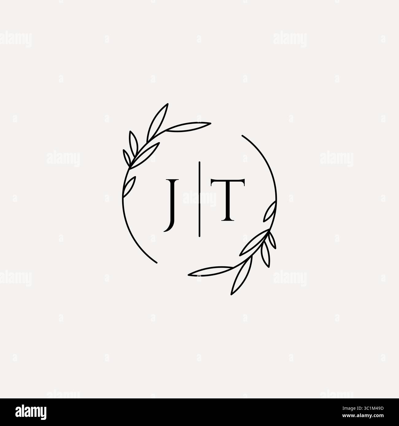 Letter JT wedding monogram logo design with simple natural circle leaf frame vector graphic Stock Vector