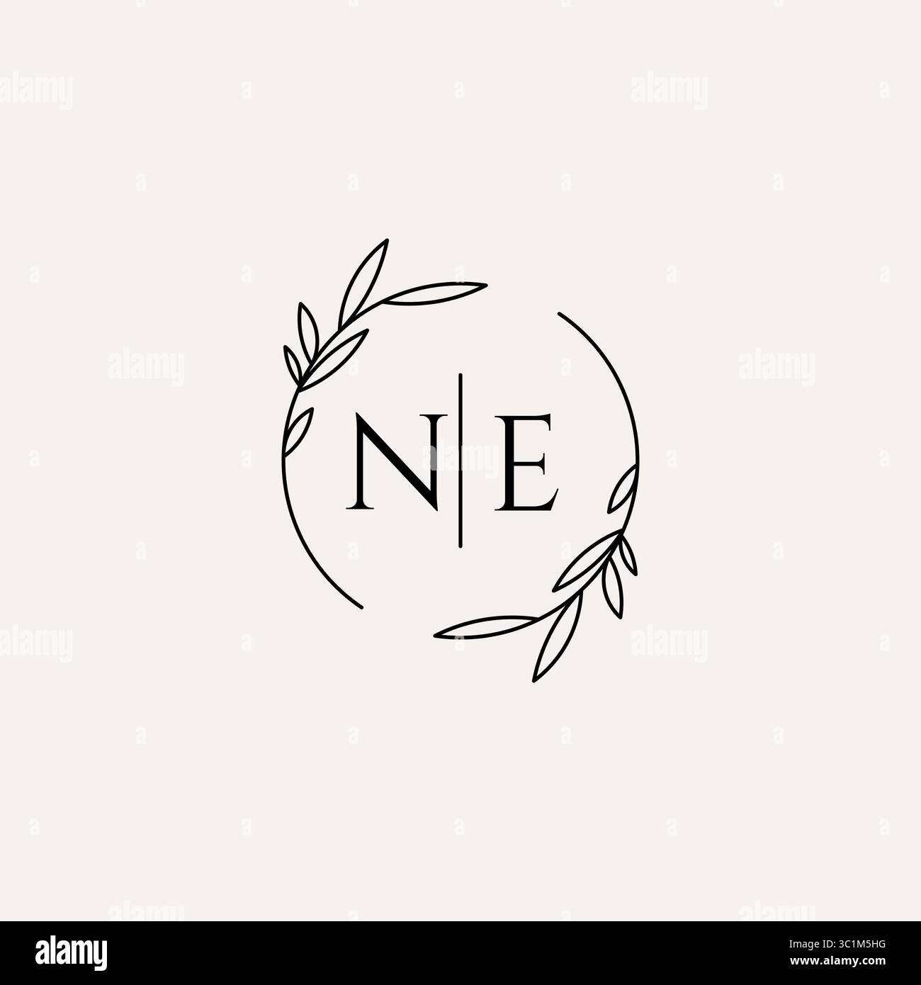 Letter NE wedding monogram logo design with simple natural circle leaf frame vector graphic Stock Vector