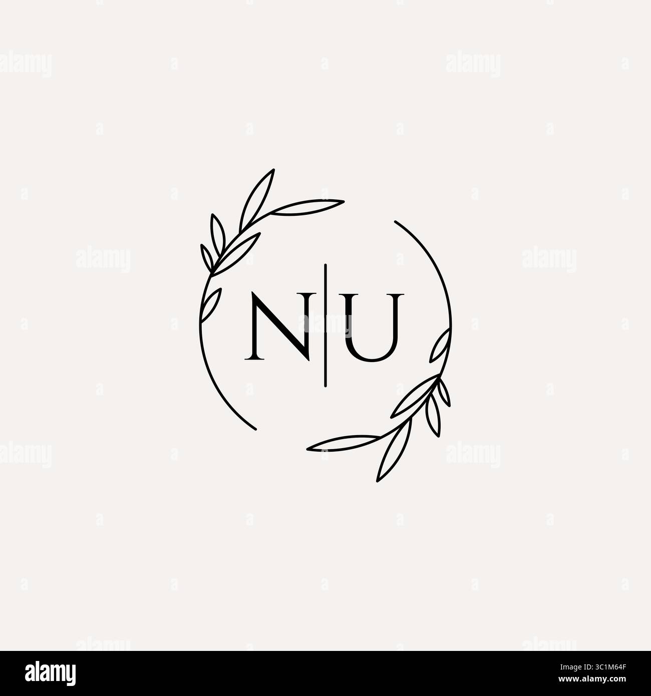 Letter NU wedding monogram logo design with simple natural circle leaf frame vector graphic Stock Vector