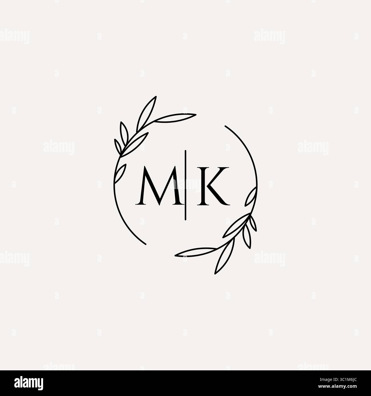 Letter MK wedding monogram logo design with simple natural circle leaf frame vector graphic Stock Vector
