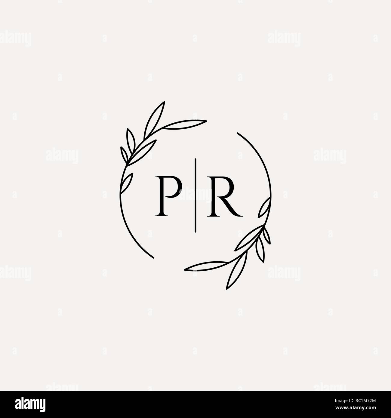 Letter PR wedding monogram logo design with simple natural circle leaf frame vector graphic Stock Vector