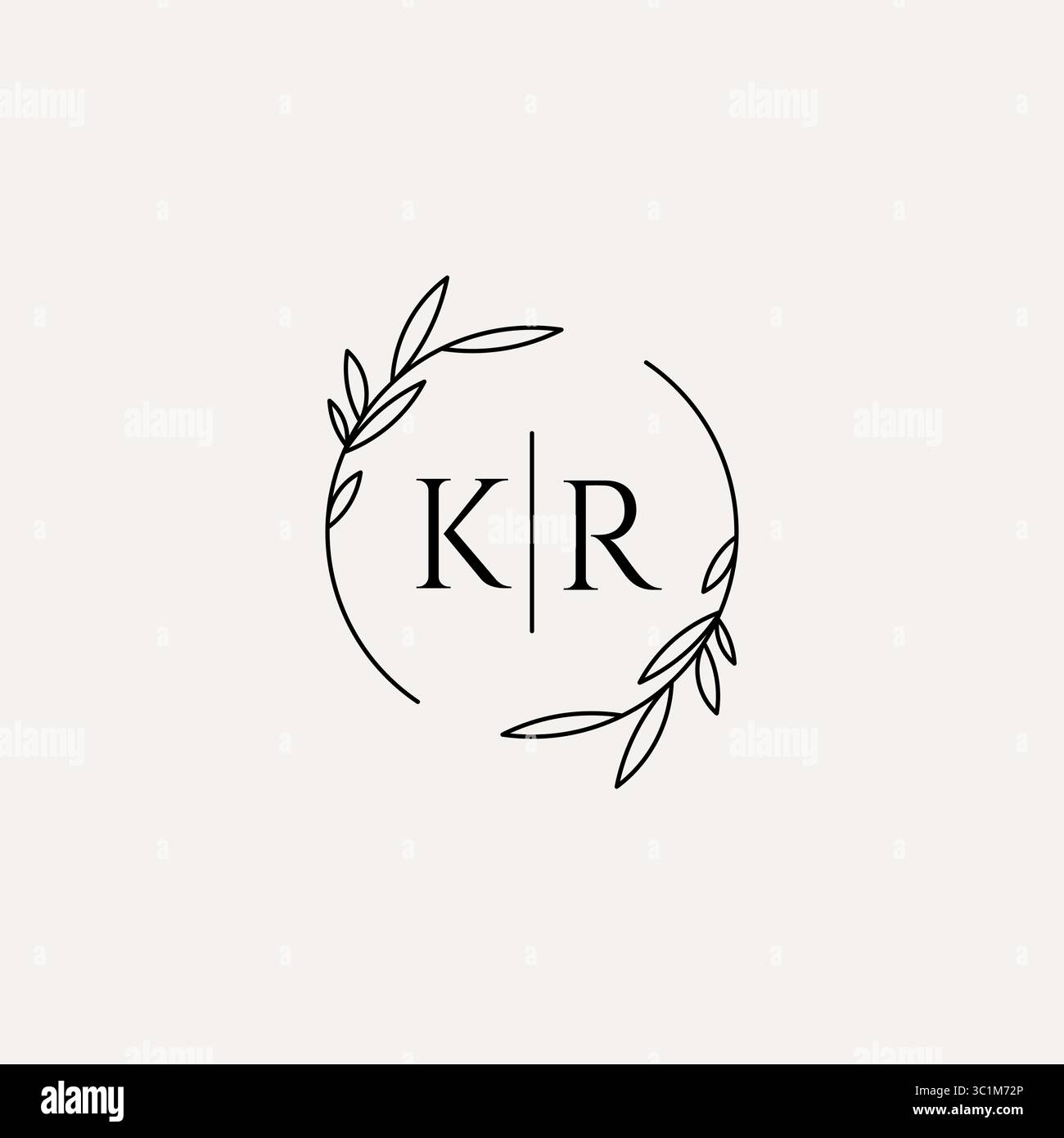 Letter KR wedding monogram logo design with simple natural circle leaf frame vector graphic Stock Vector