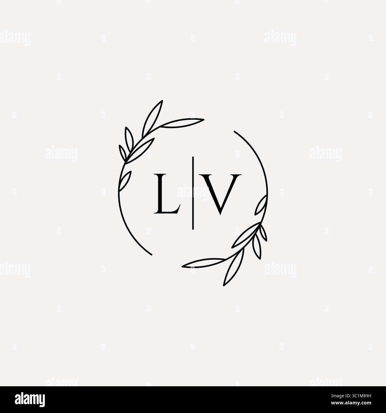 Letter LV wedding monogram logo design with simple natural circle leaf frame vector graphic Stock Vector