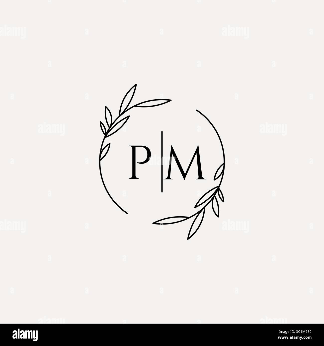 Letter PM wedding monogram logo design with simple natural circle leaf frame vector graphic Stock Vector