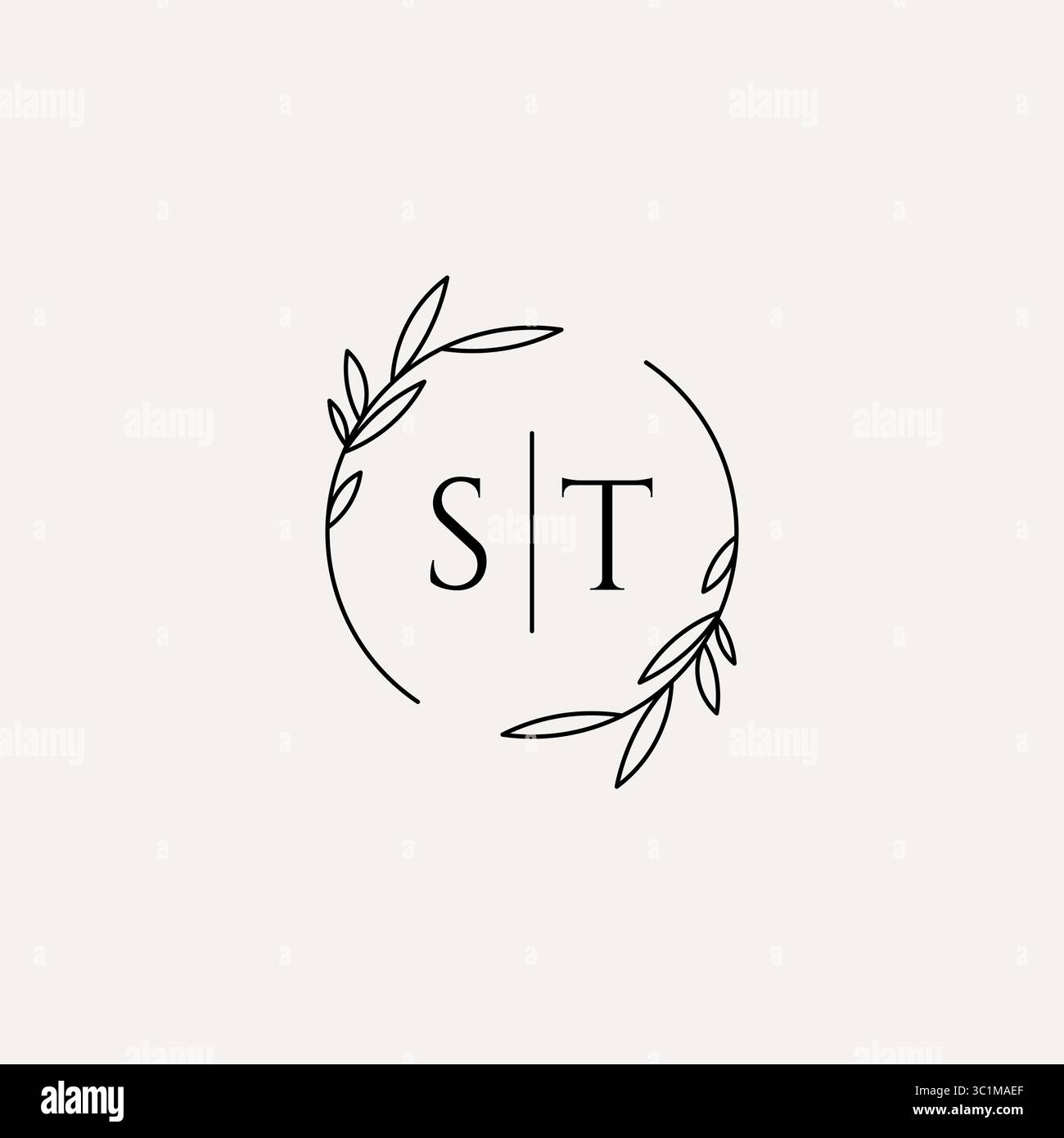 Letter ST wedding monogram logo design with simple natural circle leaf frame vector graphic Stock Vector
