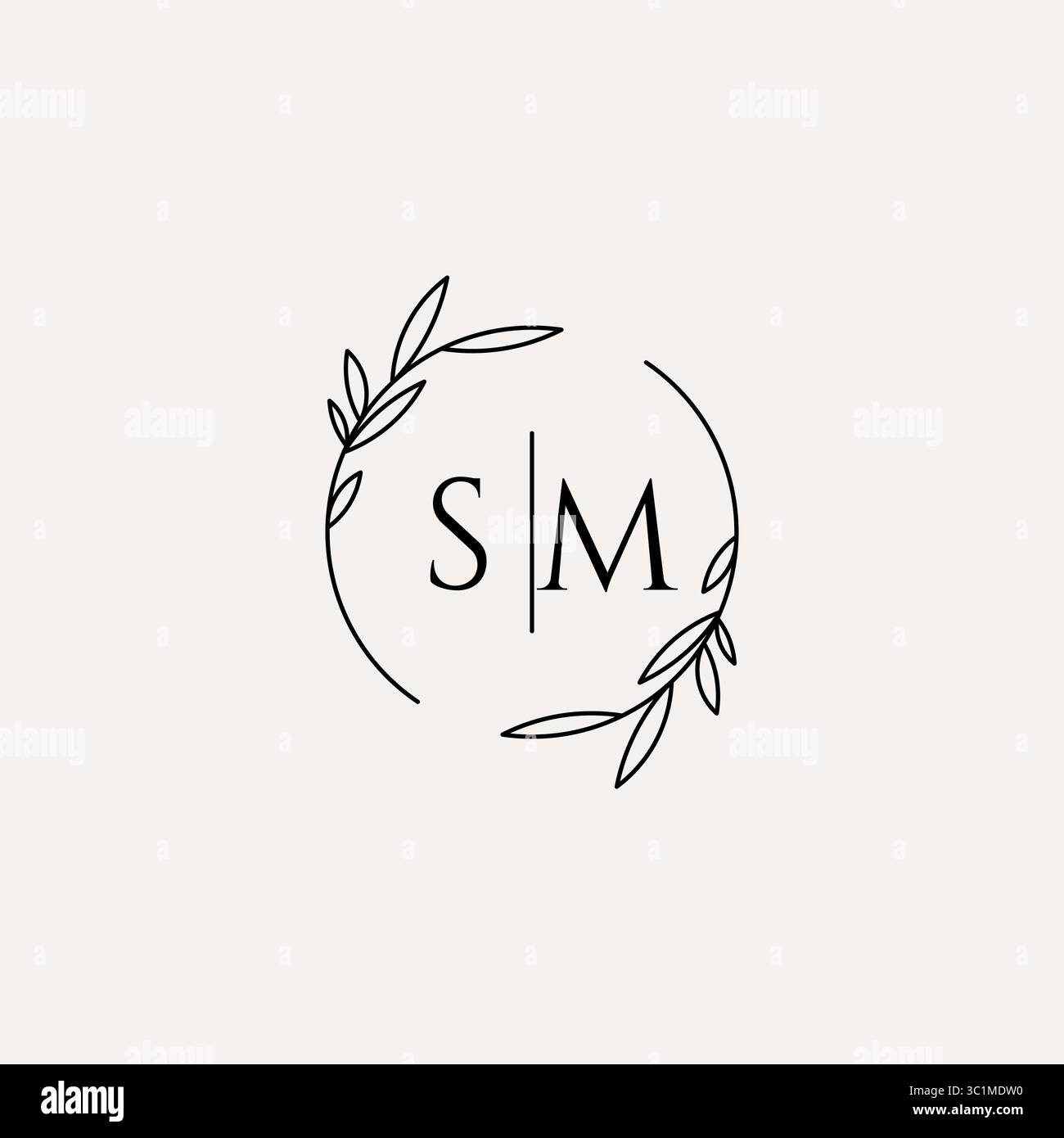 Letter SM wedding monogram logo design with simple natural circle leaf frame vector graphic Stock Vector