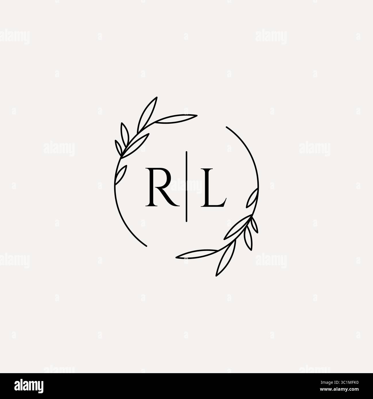 Letter RL wedding monogram logo design with simple natural circle leaf frame vector graphic Stock Vector