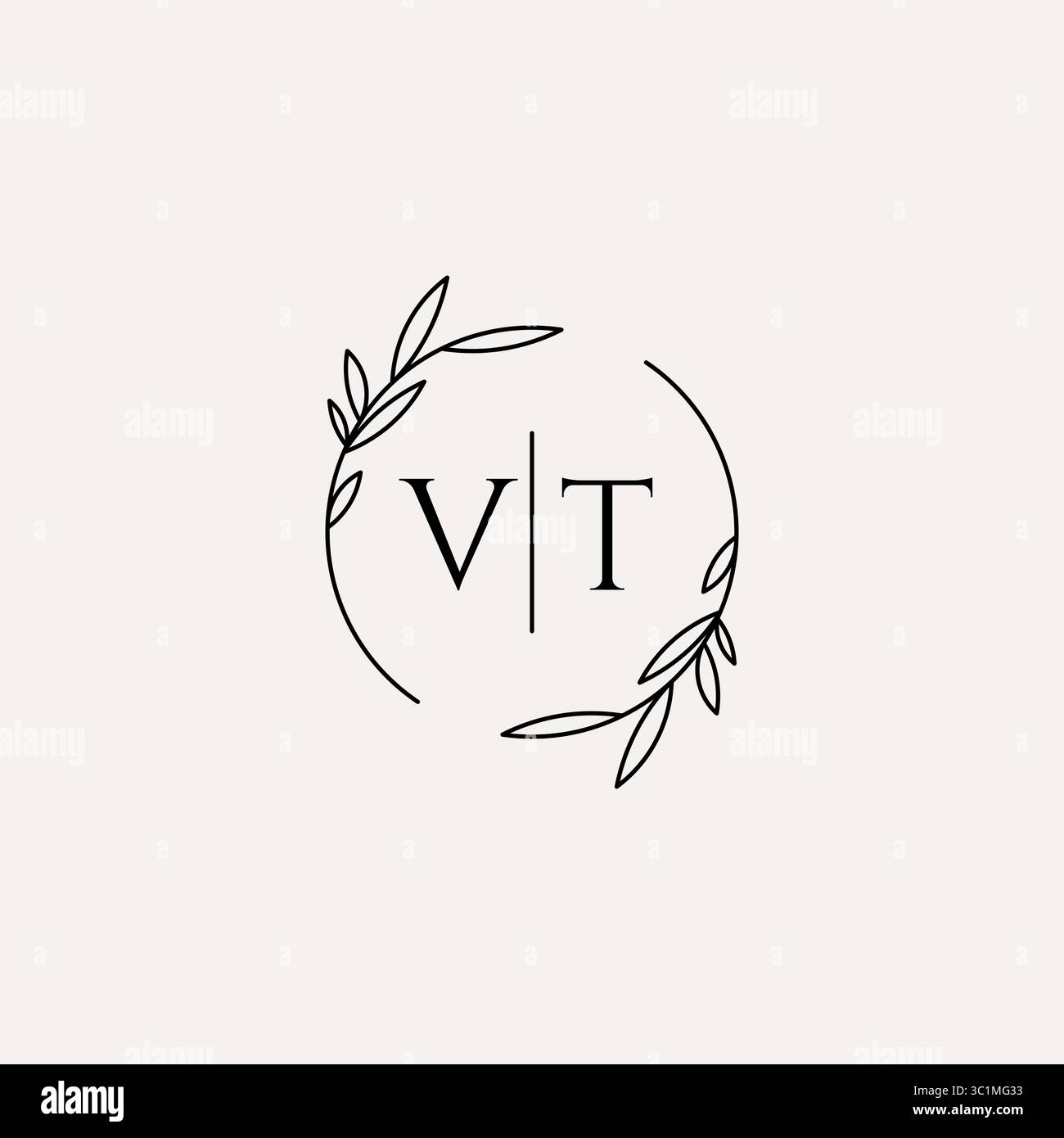 Letter VT wedding monogram logo design with simple natural circle leaf frame vector graphic Stock Vector