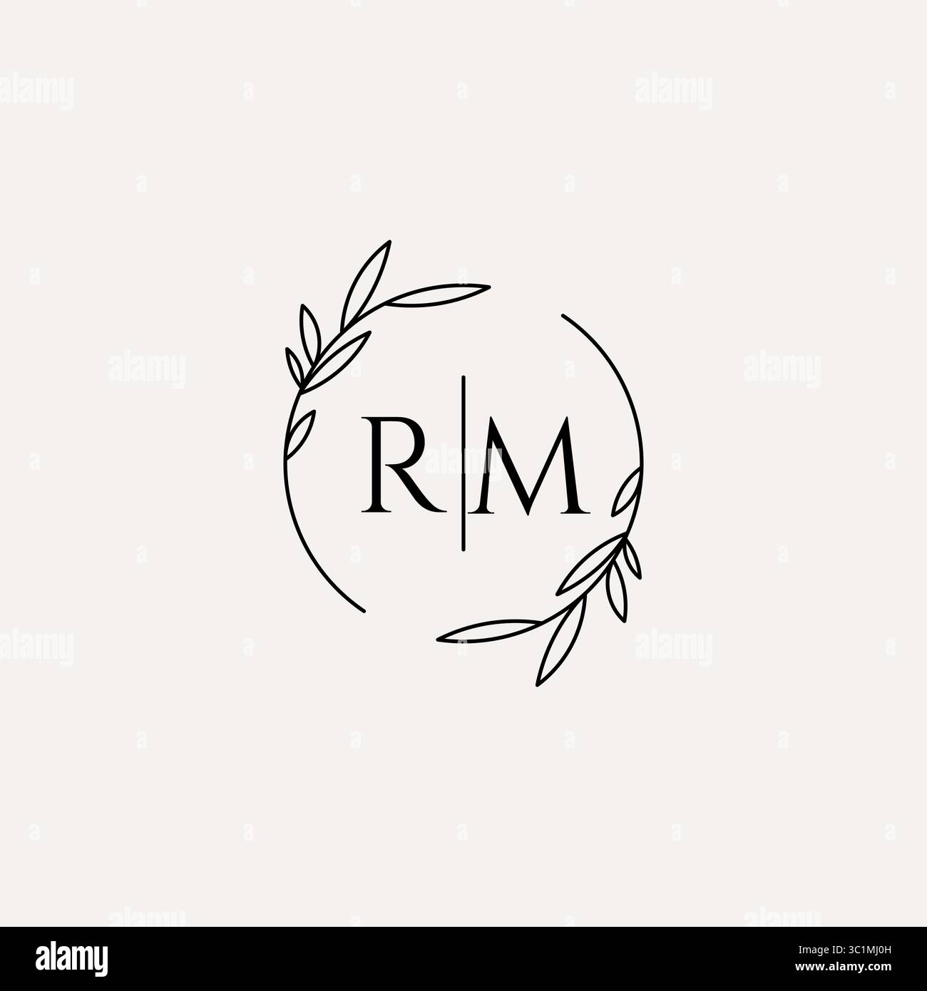 Letter RM wedding monogram logo design with simple natural circle leaf frame vector graphic Stock Vector