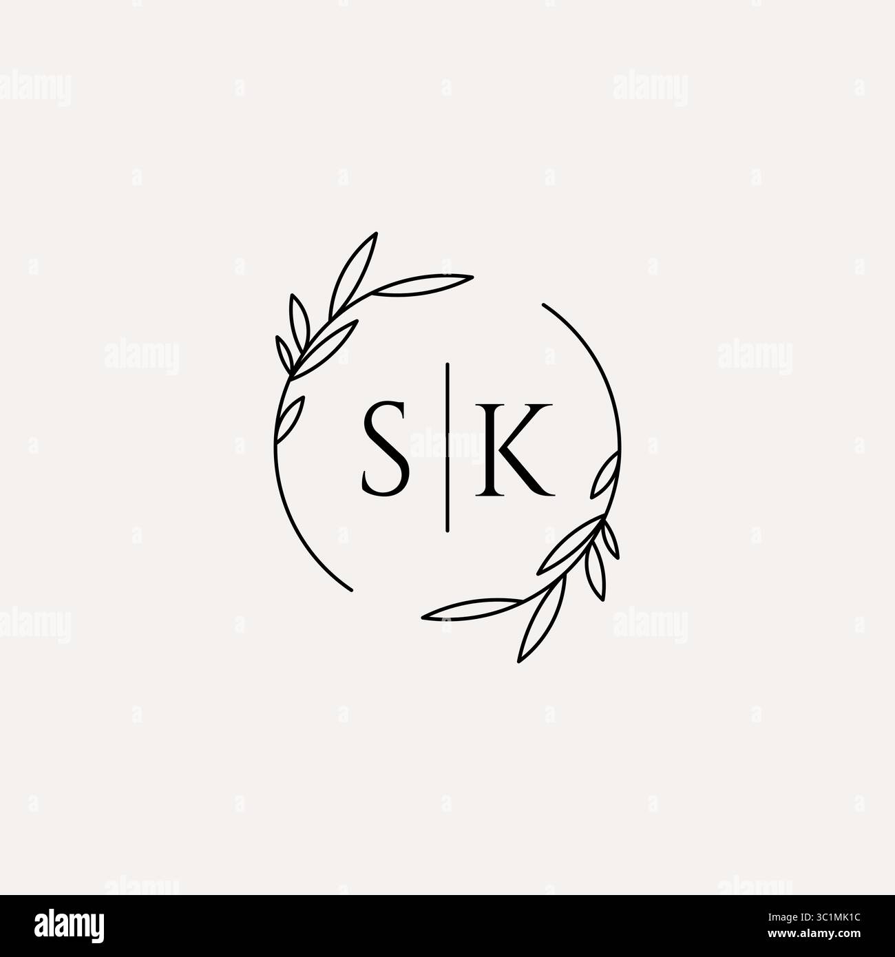 Letter SK wedding monogram logo design with simple natural circle leaf frame vector graphic Stock Vector