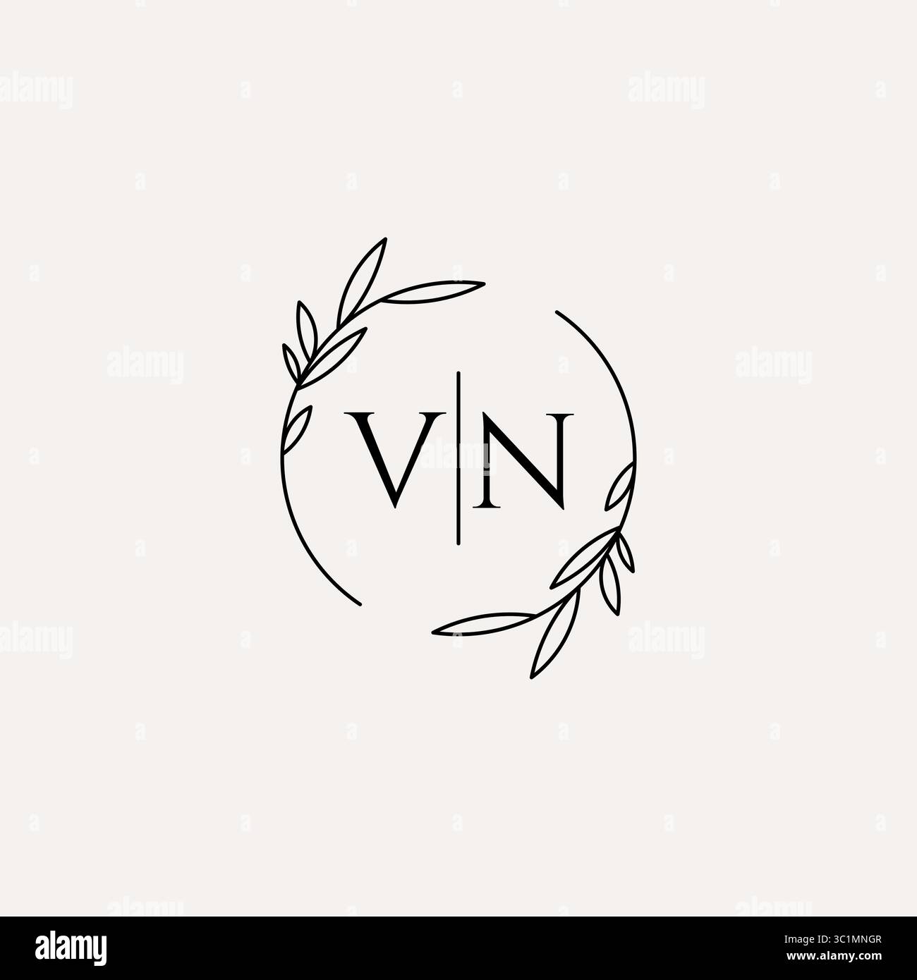 Letter VN wedding monogram logo design with simple natural circle leaf frame vector graphic Stock Vector