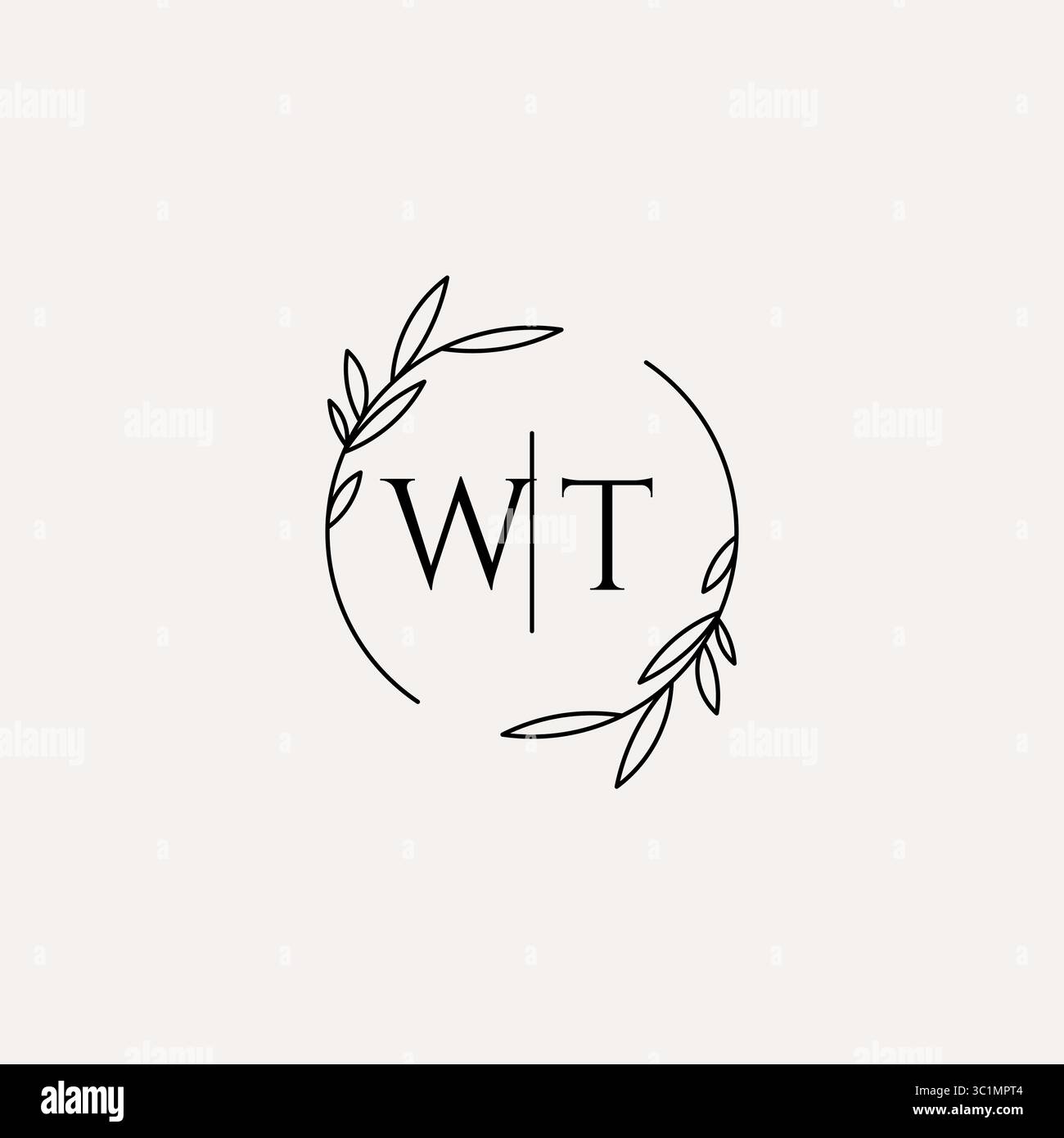 Letter WT wedding monogram logo design with simple natural circle leaf frame vector graphic Stock Vector