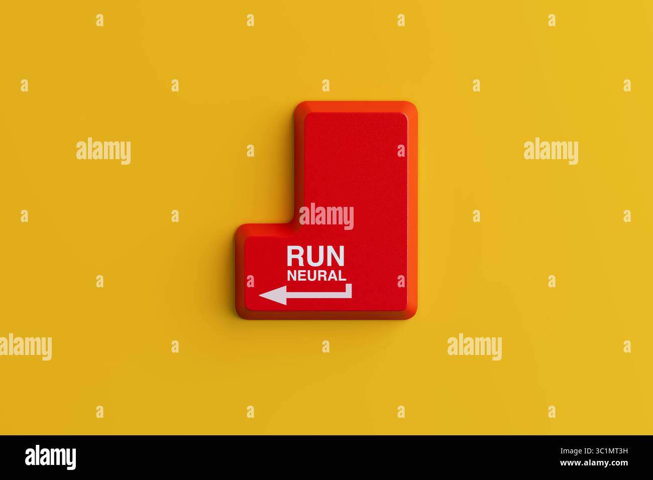 Artificial Intelligence Execution Concept. Red Enter Keyboard Key With Run Neural Command On Vibrant Yellow Background. 3d Rendering Stock Photo