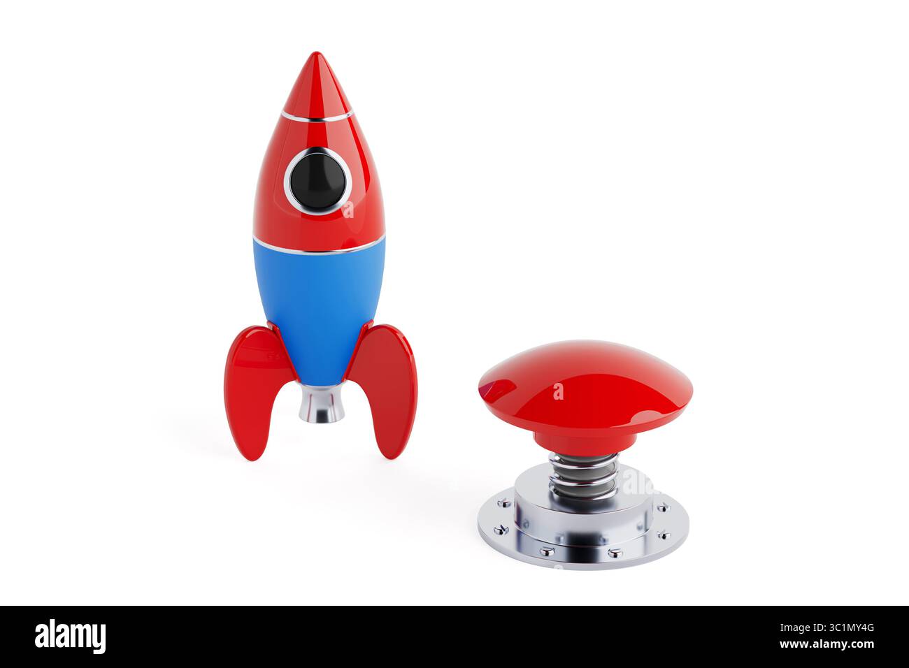 Startup Concept With Launch Button. Colorful Toy Rocket And Red Metallic Start Button On White Background. 3d Rendering Stock Photo