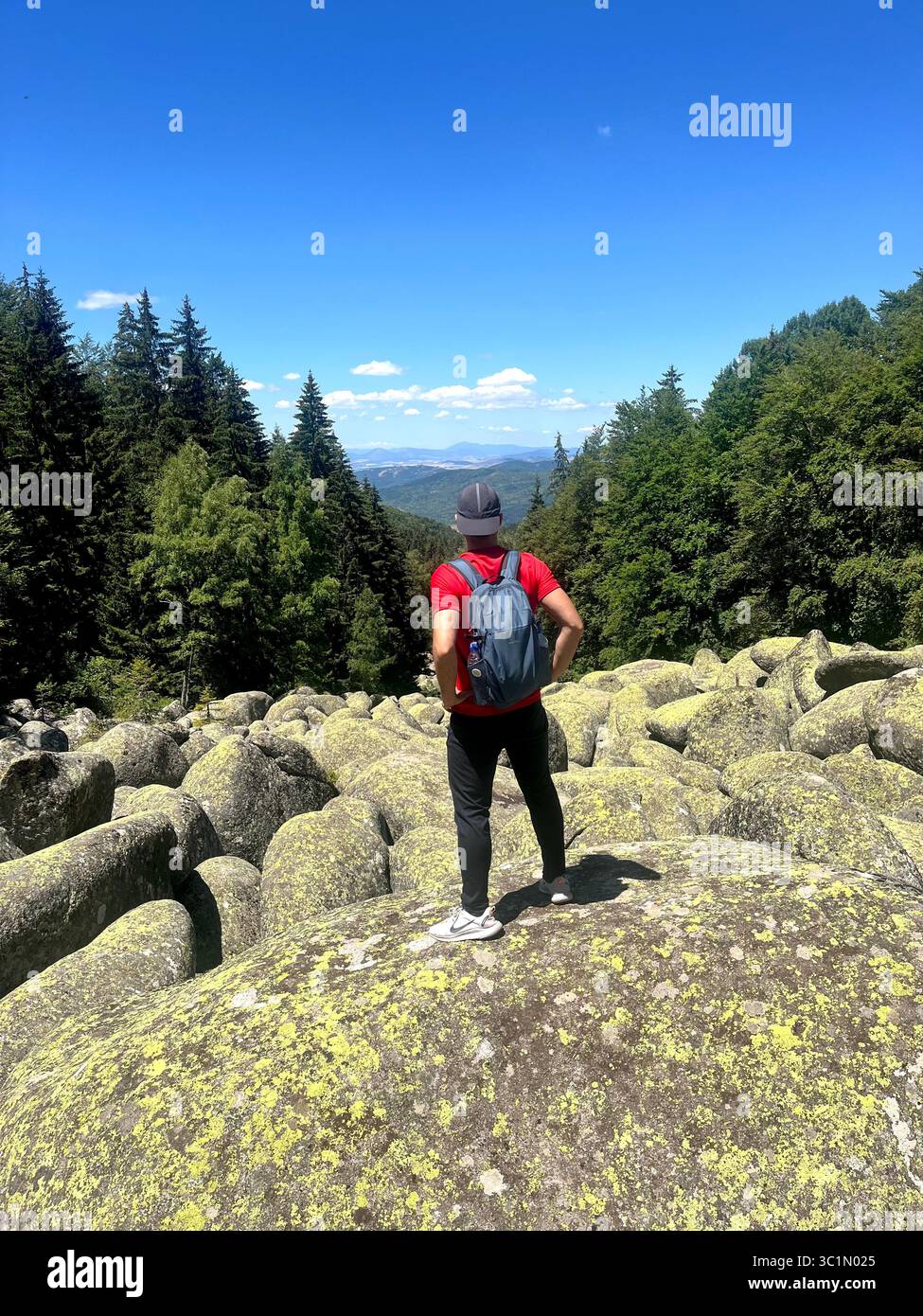 Male hiker standing on large boulders at the 'Golden Bridges' stone river in Vitosha Mountain, Sofia Bulgaria, Southeastern Europe, Balkans, EU Stock Photo