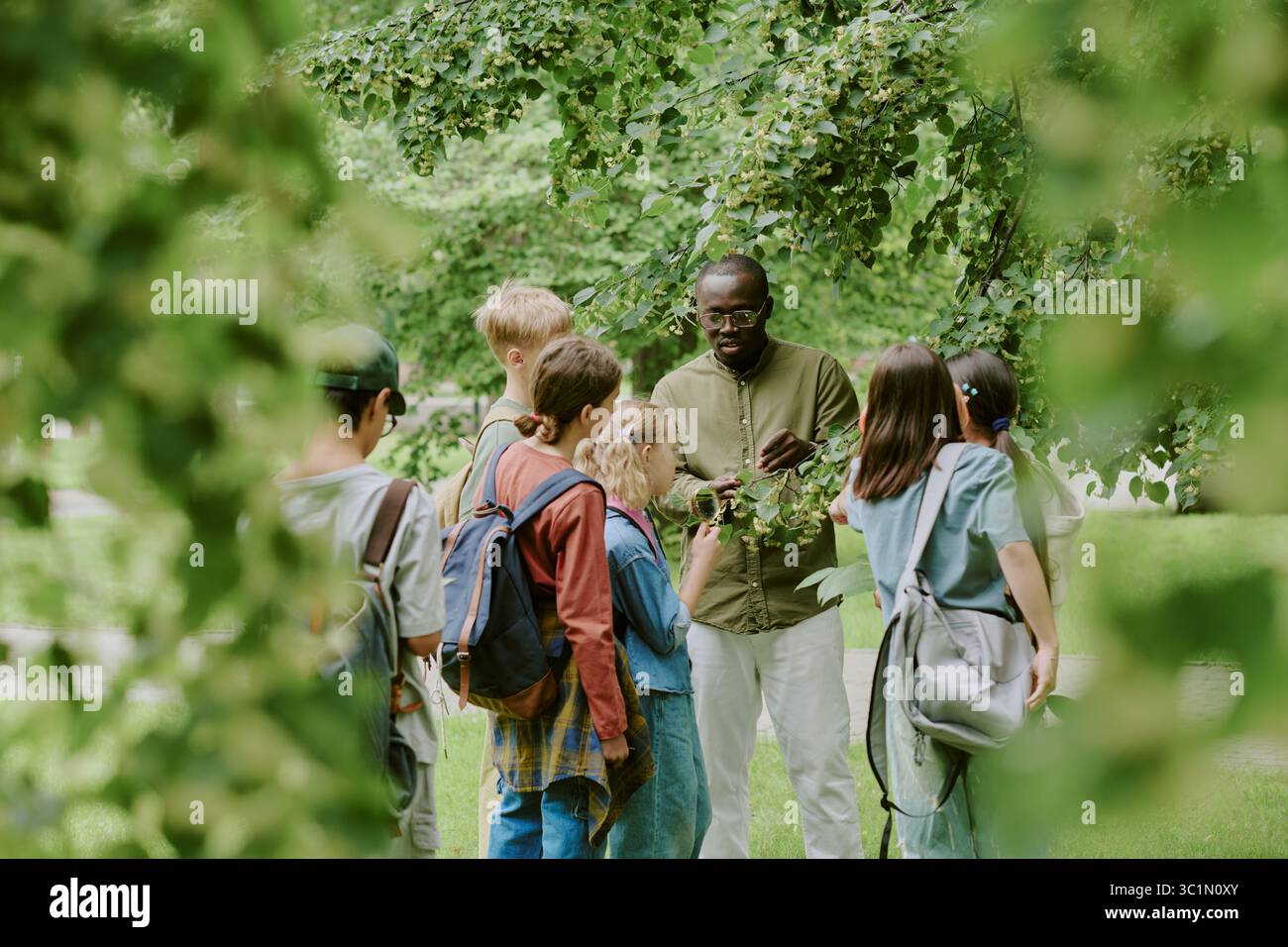 Male Teacher Guiding Diverse Group of Children Exploring Nature in Park Stock Photo