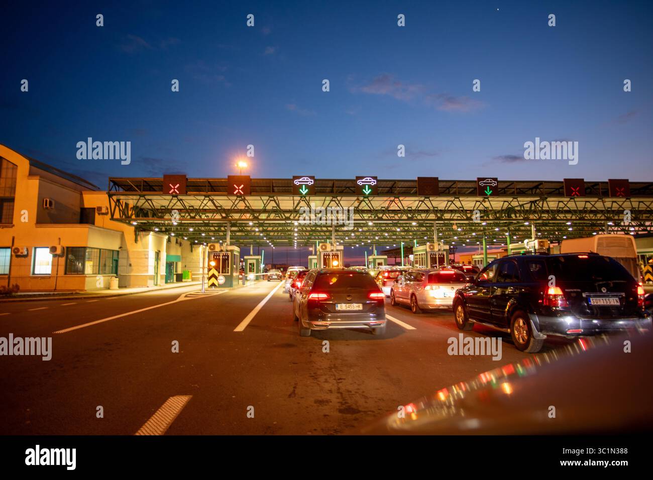 Horgos Roszke, Hungary - February 17, 2025: Long Queue of Pasengers Cars Stuck at EU Border Entrance between Serbia and Hungary, Horgos, Roszke Stock Photo