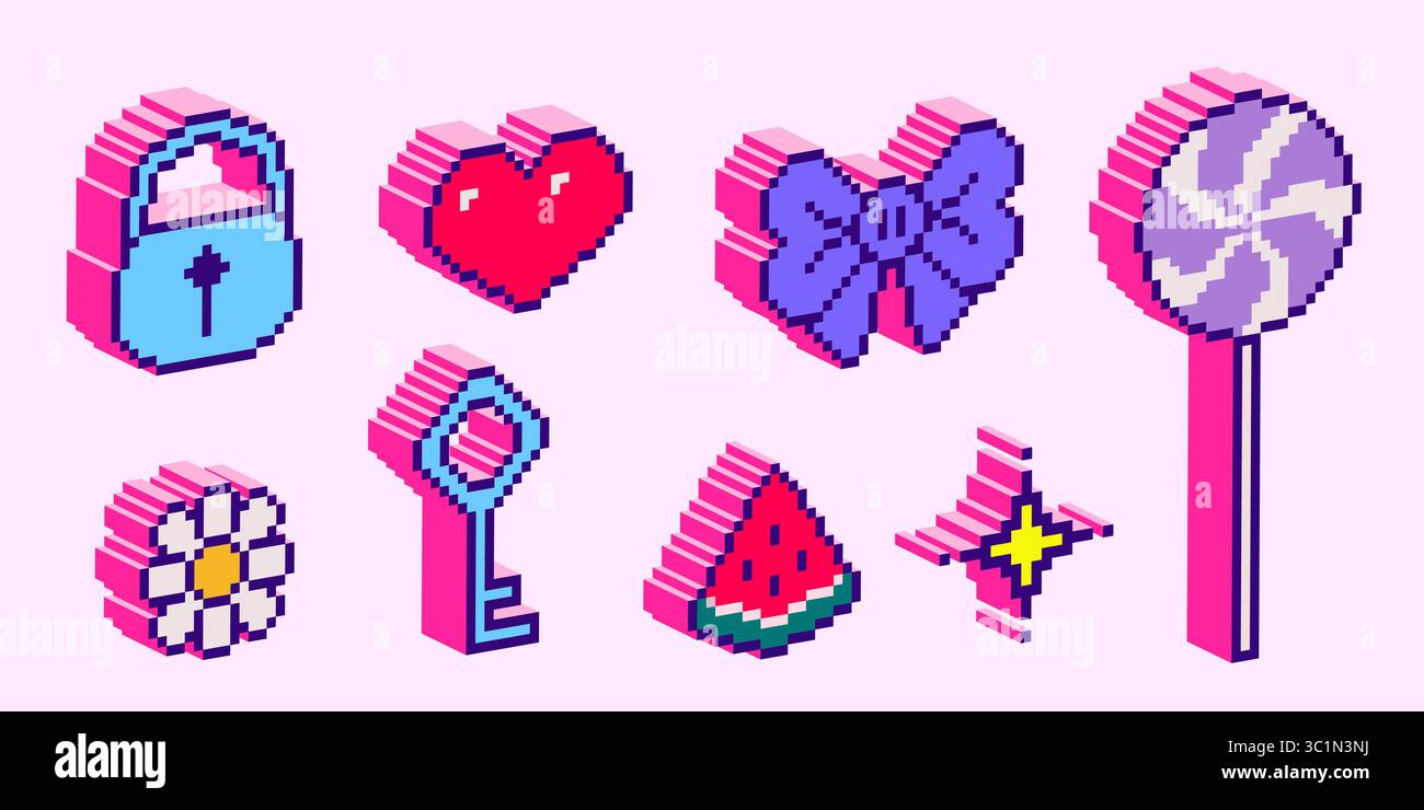 Isometric pixel art icons in 3d style - pink lock and red heart, purple ...