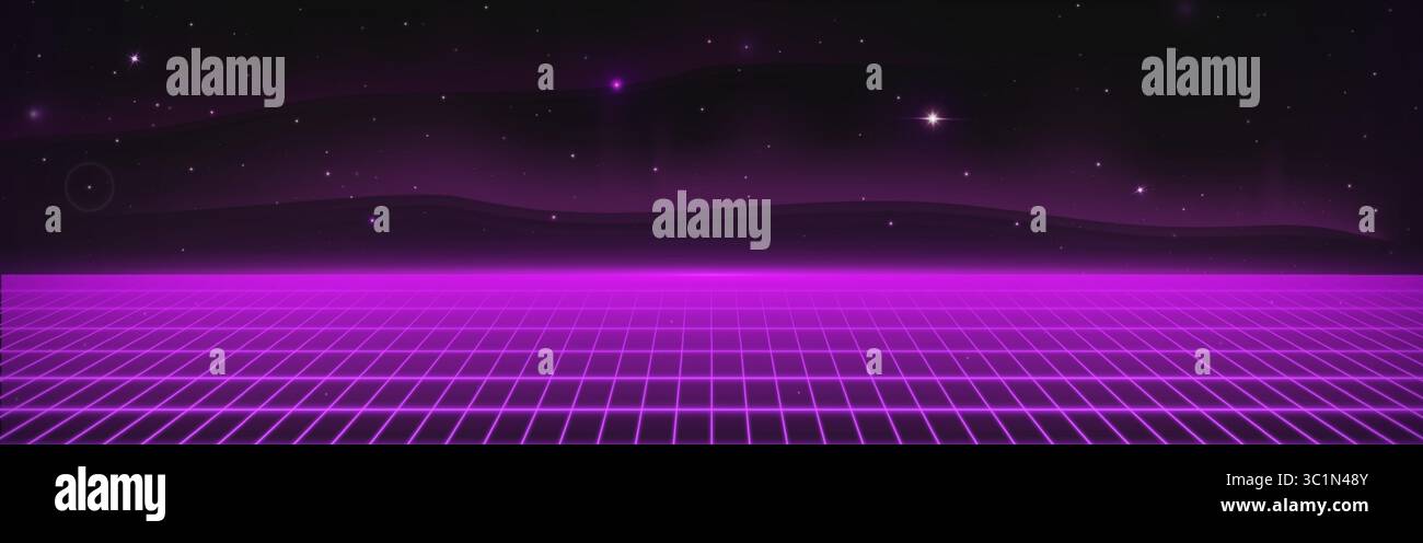 Neon purple grid floor with starry night sky - retro synthwave landscape for game bg with glowing horizon line, cyberpunk aesthetic with mountains silhouette, 80s style space and futuristic design. Stock Vector