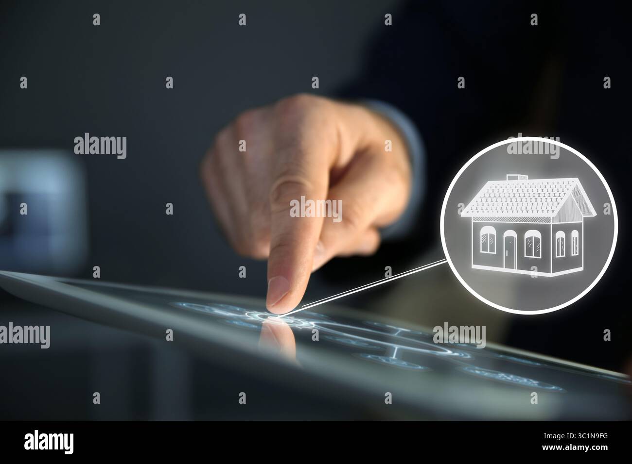 Real estate agent using tablet computer, closeup. House icon on virtual screen Stock Photo