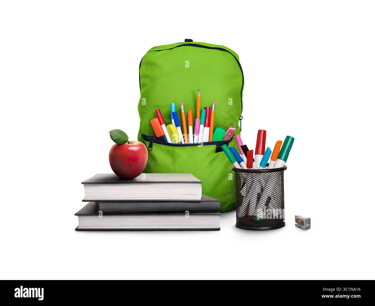 A back to school scene of a pile of three study books to learn from, a red apple, green school bag, pens and pencils isolated against white background Stock Photo