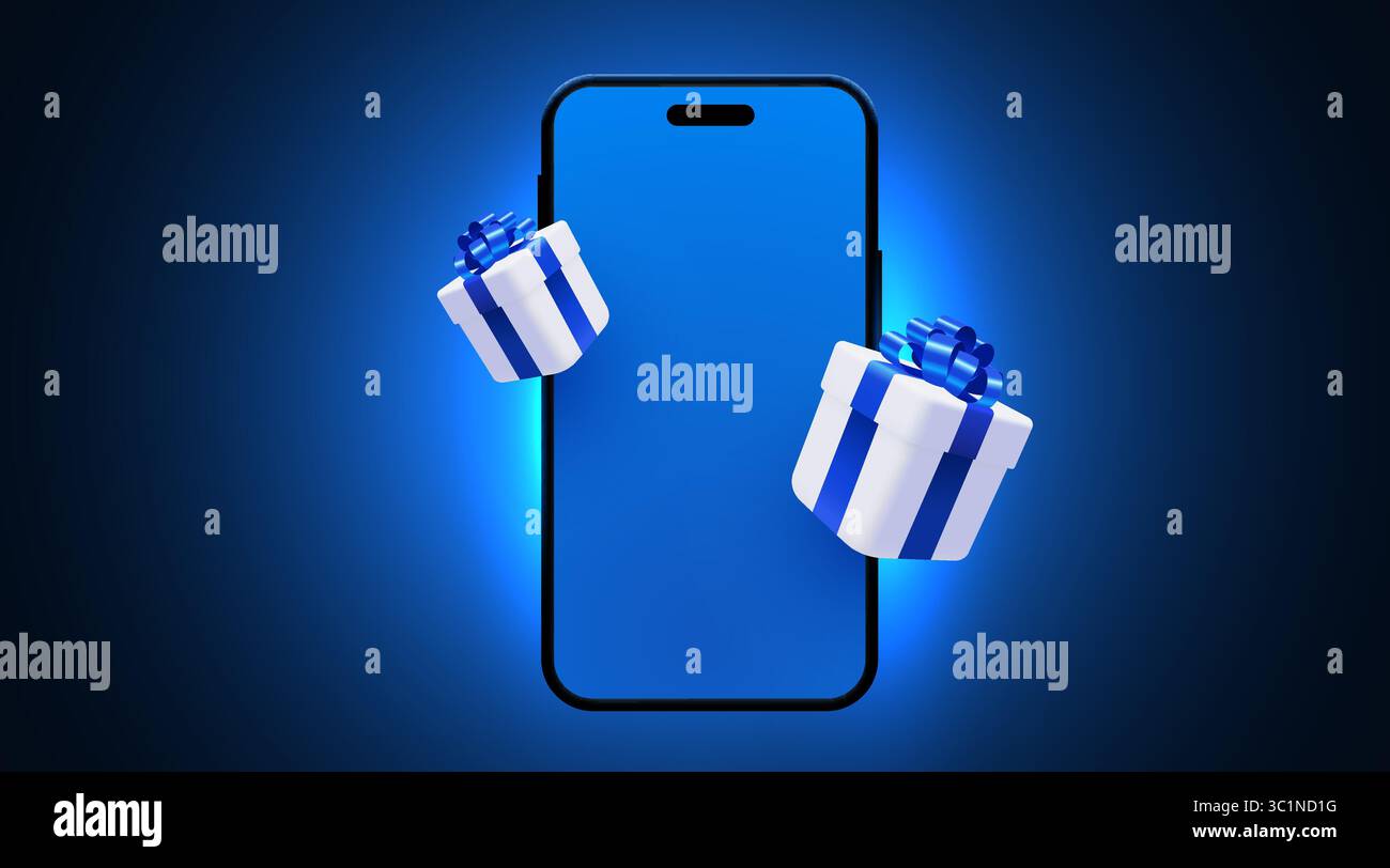 Smartphone with present boxes on light glow background. Vector illustration Stock Vector