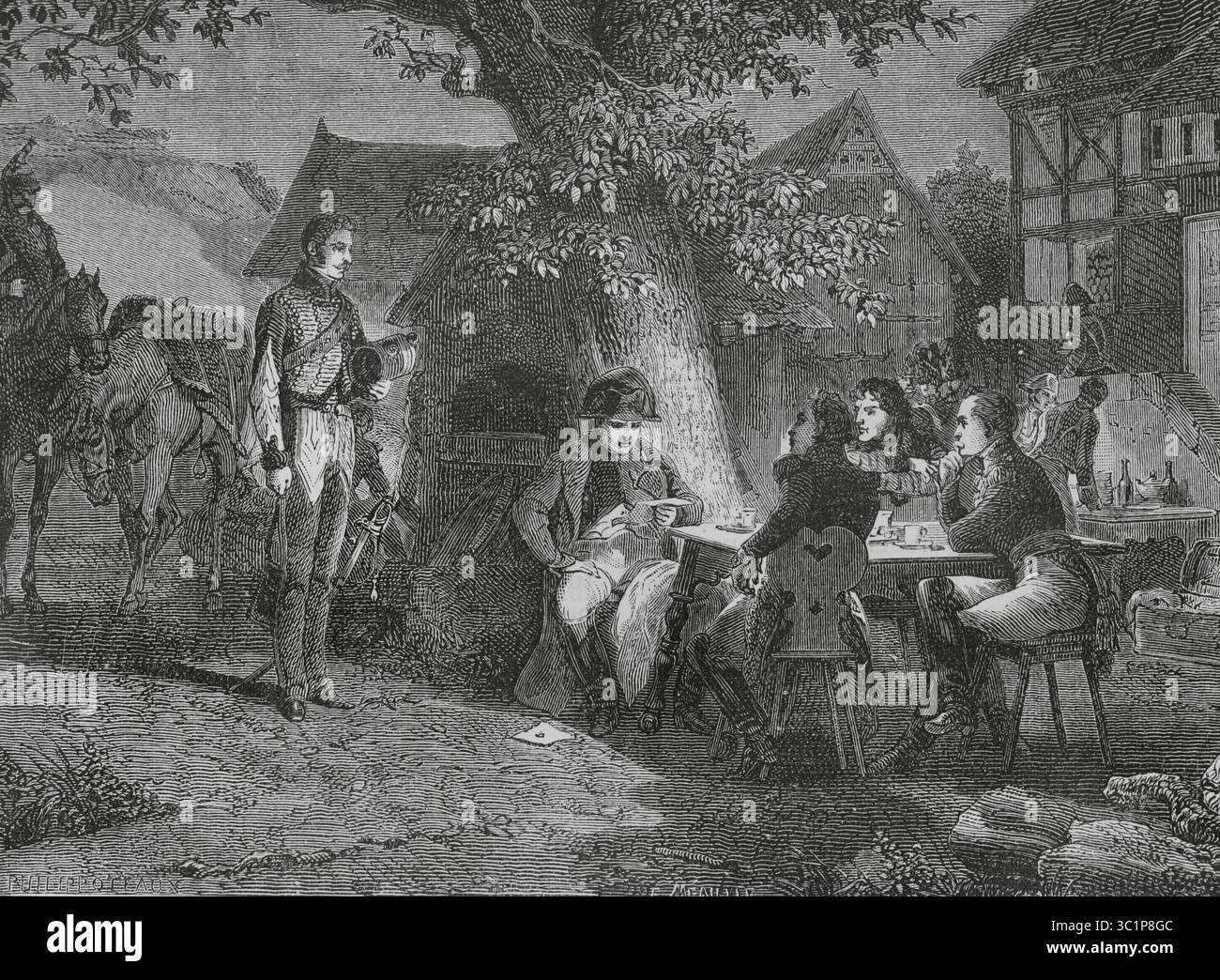 Napoleon's cold-bloodedness at the news of the defeat of Dennewitz. The Battle of Dennewitz took place on 6 September 1813 between French forces under Marshal Michel Ney and the Sixth Coalition's Allied Army of the North, commanded by Crown Prince Charles John of Sweden, Friedrich Wilhelm von Bülow and Bogislav von Tauentzien, at Dennewitz, a village in the Prussian province of Brandenburg. The Allied victory ended Napoleon's hopes of taking Berlin and driving Prussia out of the war. Drawing by Philippoteaux. Engraving by Méaulle. 'Histoire du Consulat et de l'Empire' (History of the Consulate Stock Photo