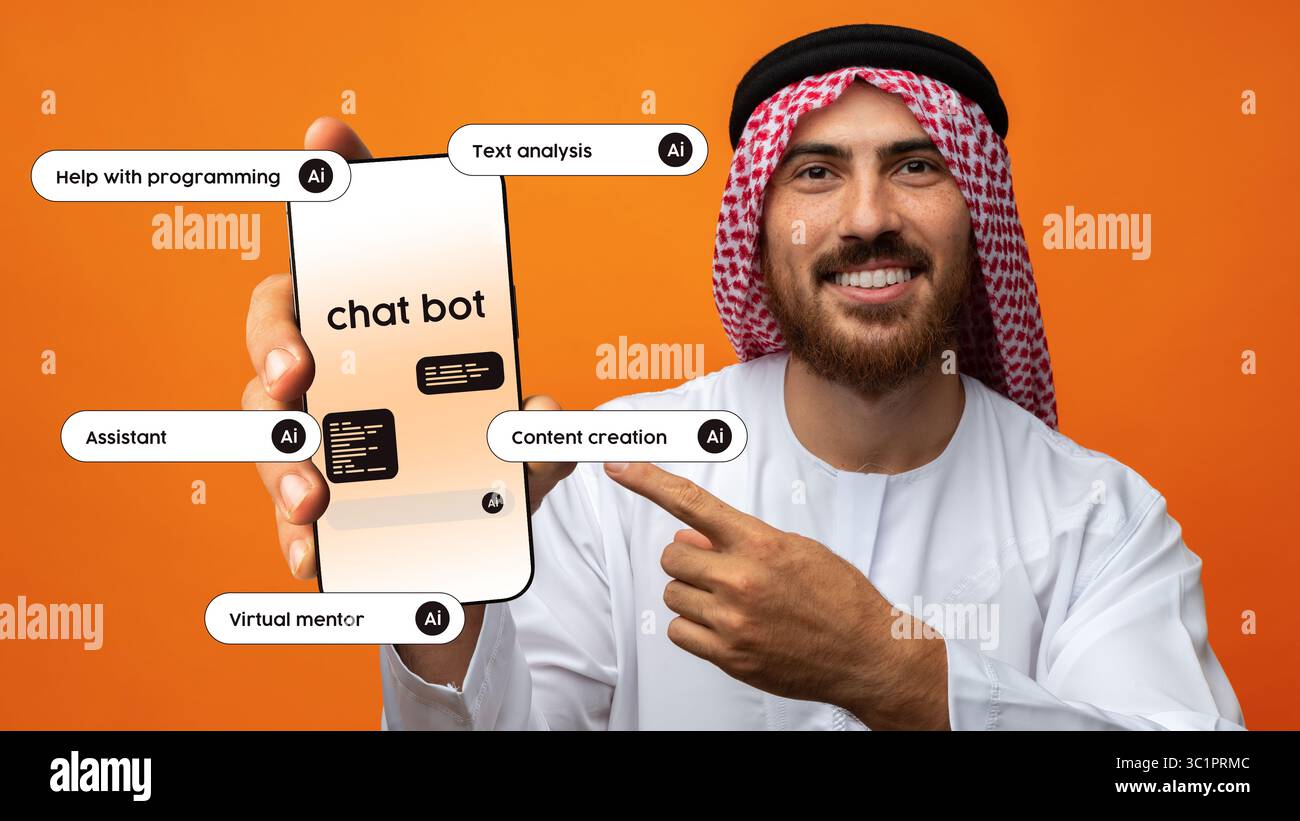 Man showcasing chatbot technology with AI capabilities for various applications Stock Photo
