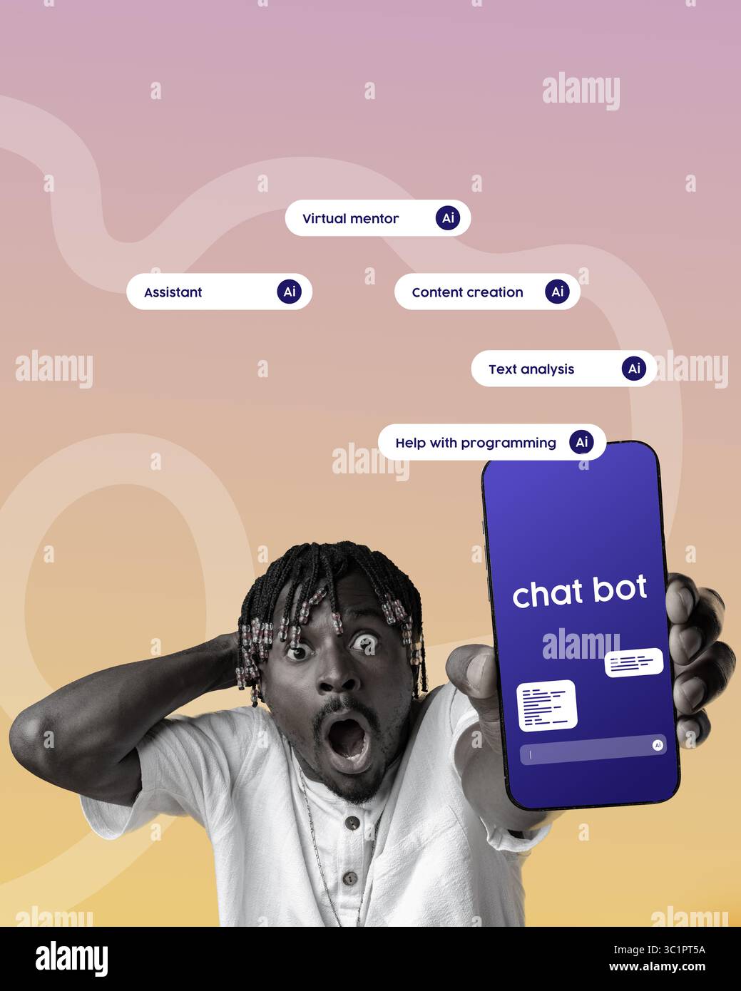 Excited student engaging with AI chatbot for assistance in programming and content creation Stock Photo
