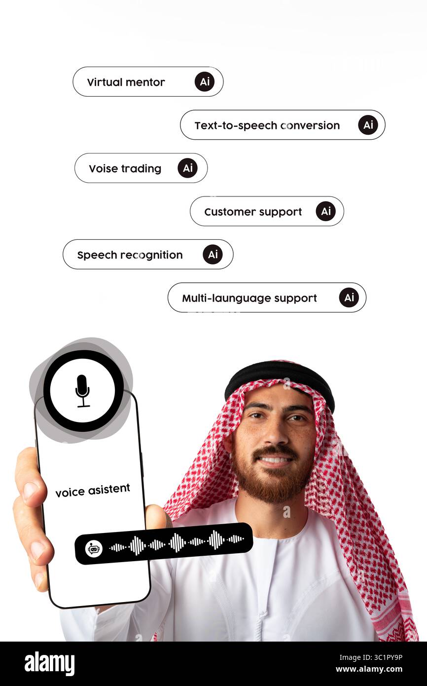 Virtual assistant technology enhances customer support through speech recognition and multi-language capabilities in professional settings Stock Photo