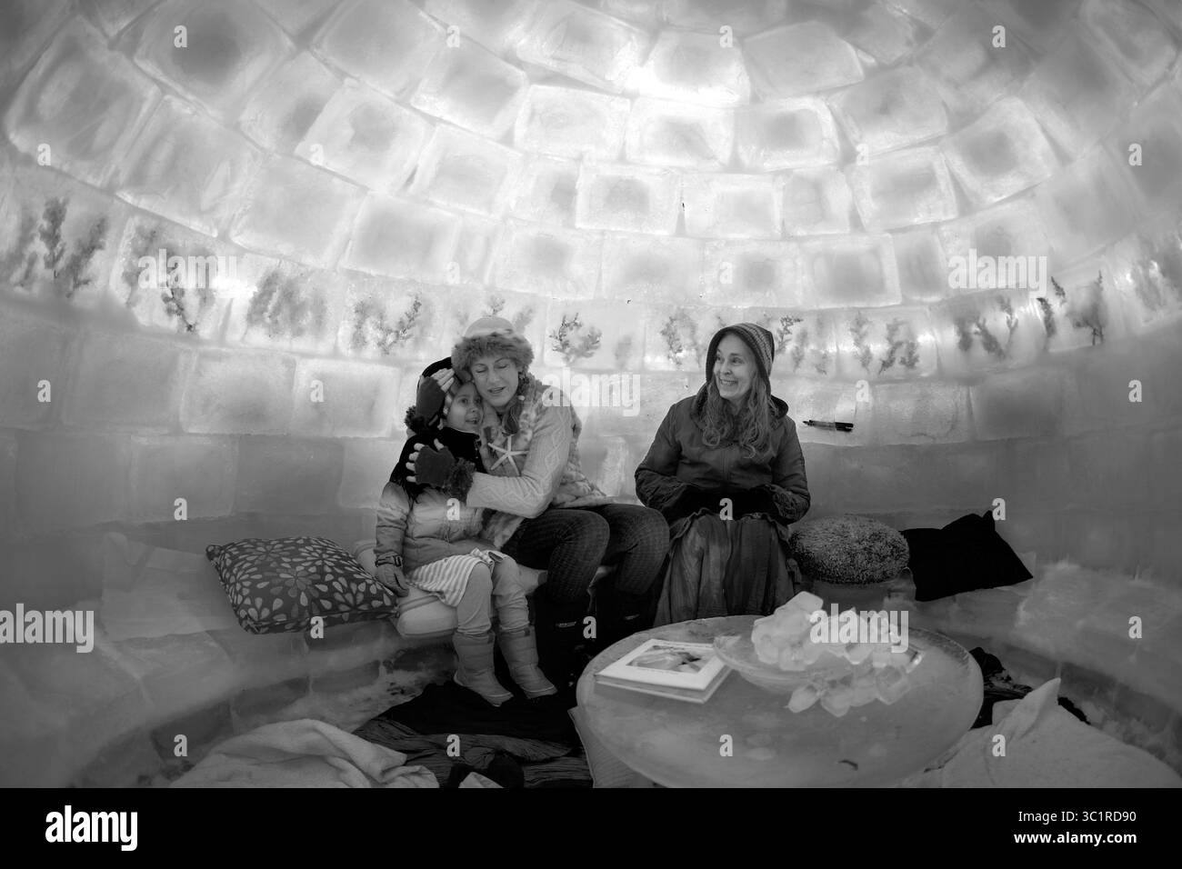 March 12, 2019 - Minneapolis, MN, USA - Terry McDaniel (center), a self proclaimed ''Winter Baby'', built a 7 foot igloo in her backyard in South Minneapolis. It is the 6th year McDaniel has built her personal igloo made out of Ice from her tap and tubs from Target. Over 100 blocks make up the personal snow globe that has been the home to a 60th birthday for McDaniel and a few musicians have come to record songs in the Ice studio.  McDaniel celebrates winter and hopes that the rain and warm-up don't put an end to her personal icy getaway. Here, McDaniel (center) hugs Ruby Orina, 6, of Plymouth Stock Photo