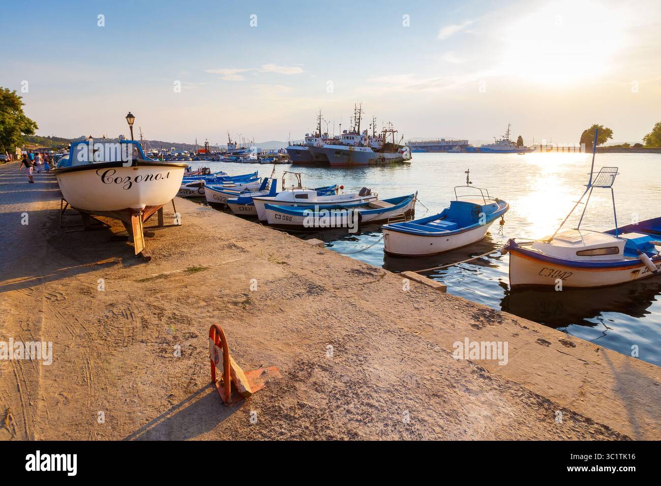 sozopol, bulgaria - 16 aug, 2015: harbor of sozopol at sunset. summer vacation at the black sea. beautiful urban landscape at the seaside of bulgaria Stock Photo