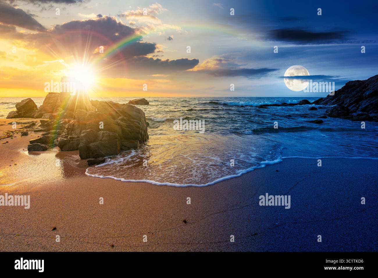 landscape by the sea in summer. day and night time change concept. beautiful beach with rocks washed by calm waves with sun and moon at twilight. view Stock Photo