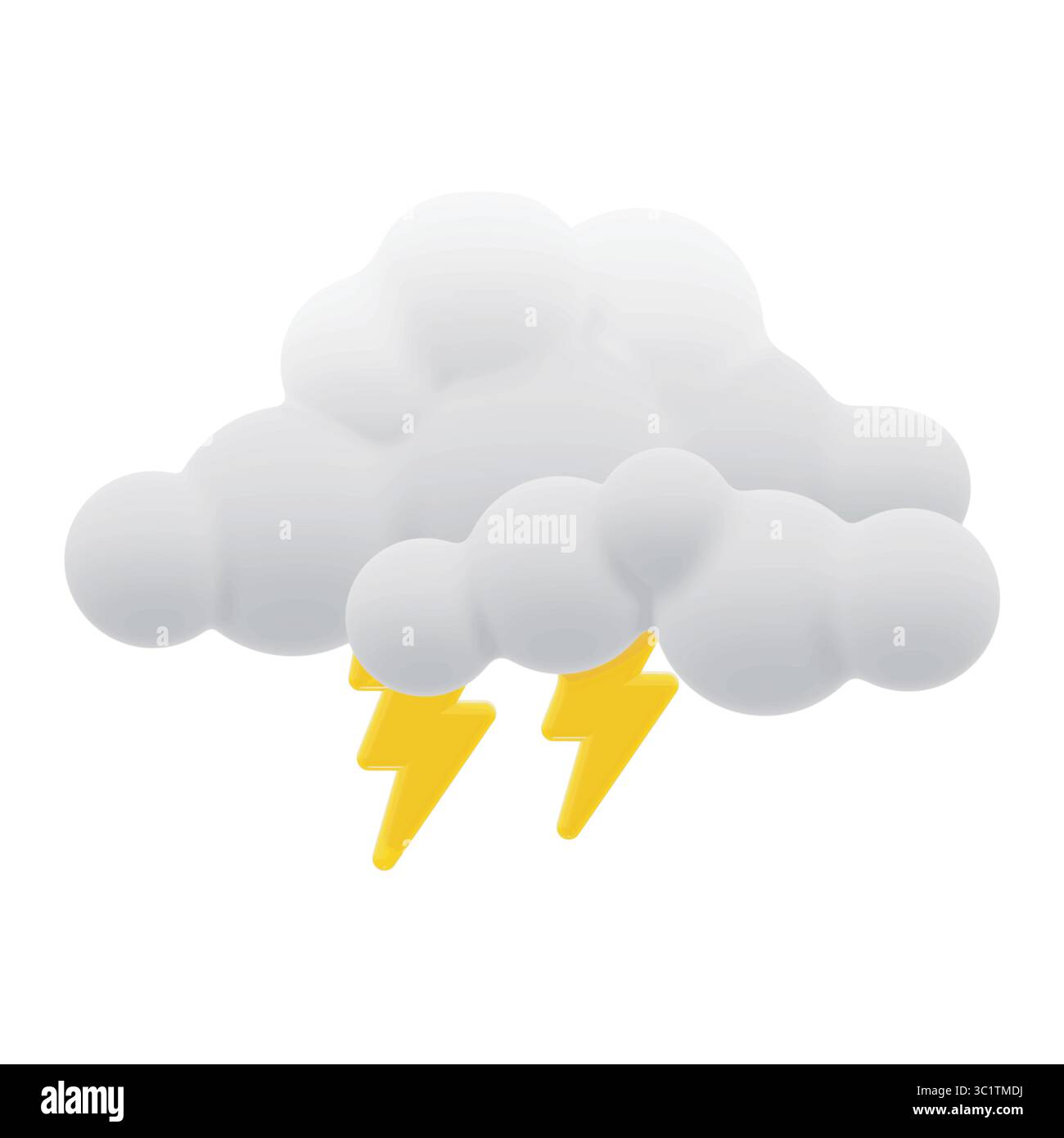 Vector 3D rendering cartoon style clouds with yellow lightning. Modern glossy plasticine style weather icon, isolated on a white background. Stock Vector