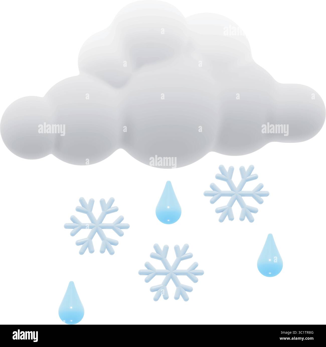 White fluffy cloud mixed with raindrops and snowflakes, glossy plasticine effect. 3D Rendering style vector, isolated. Stock Vector