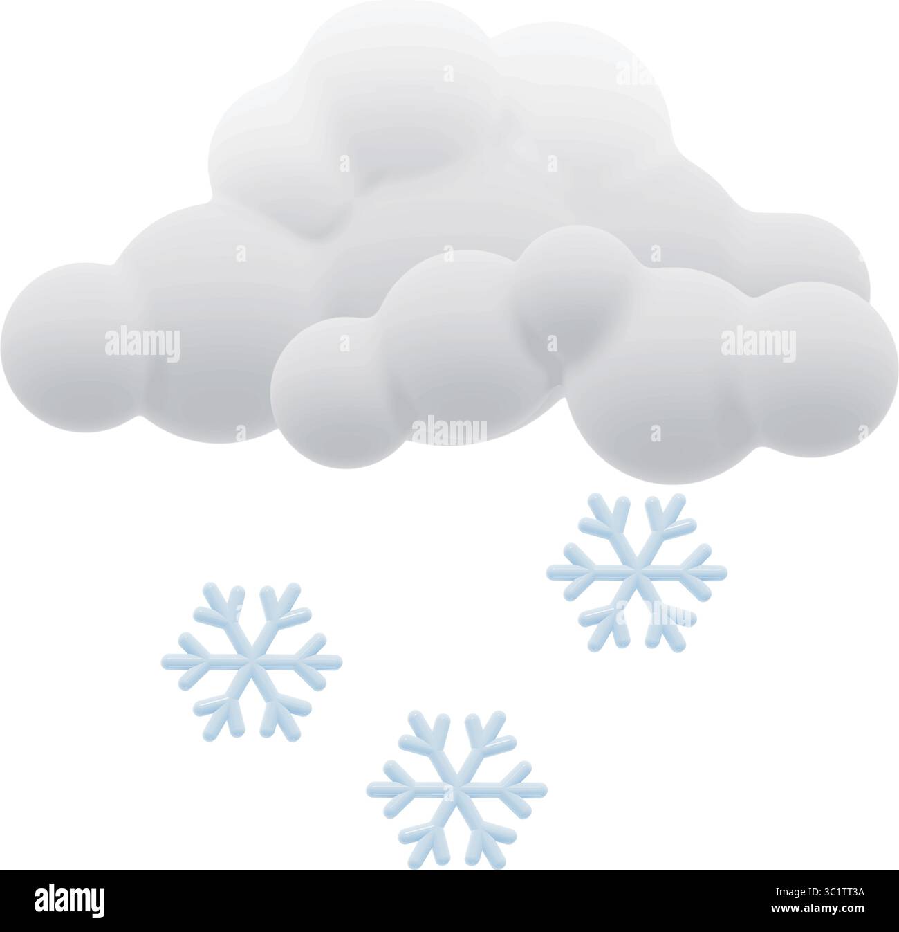 3D vector weather icon showing fluffy white clouds with falling snowflakes. A soft and clean representation of snowy weather, isolated. Stock Vector