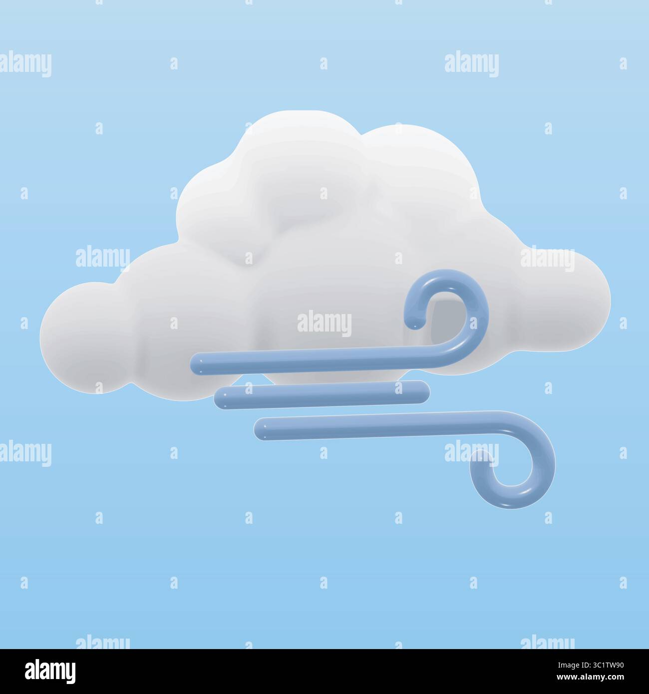 3D vector weather icons featuring fluffy clouds and swirling wind lines. This icon represents breezy or windy conditions. Isolated on a light blue sky Stock Vector