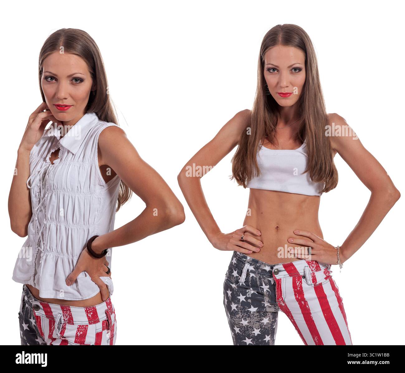 A woman poses confidently in stylish outfits featuring patriotic elements while smiling. Stock Photo