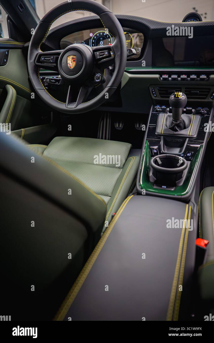 Interior Of Porsche 911 GT3 Touring With Green Leather And Yellow interior-of-porsche-911-gt3-touring-with-green-leather-and-yellow
