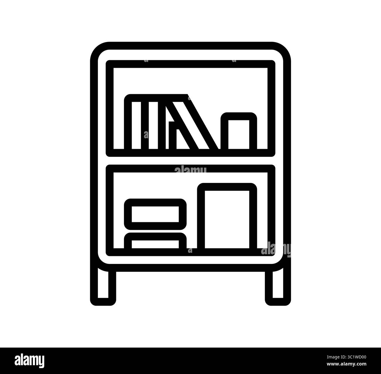 This line illustration depicts a simple bookshelf filled with books and storage boxes, perfect for home decor, office styling, and minimalistic design Stock Vector