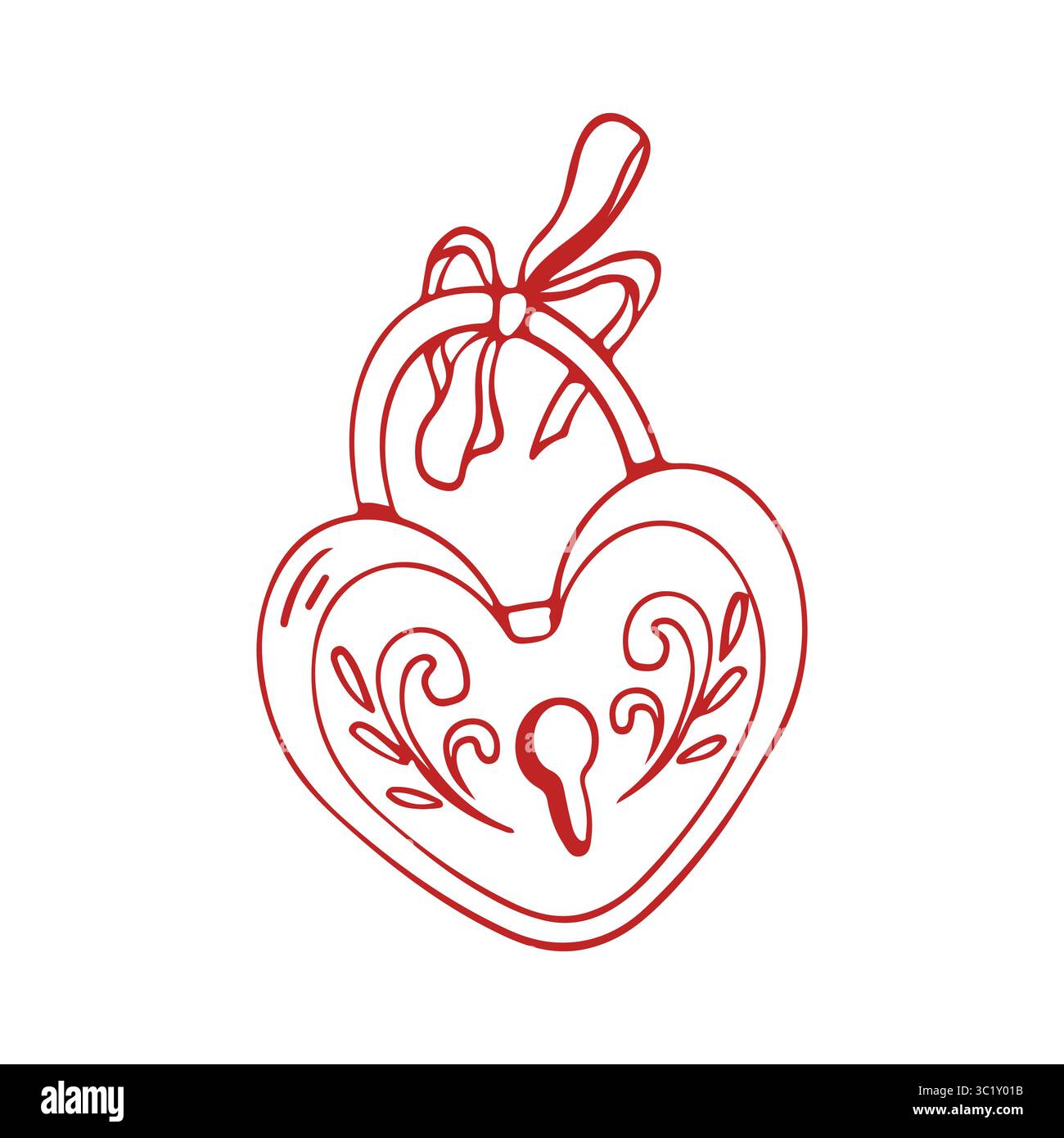 Red heart-shaped lock with a bow. Vector linear illustration in sketch style. Retro lock. Wedding attribute on a white background. Symbol of love and marriage. Valentines Day Stock Vector