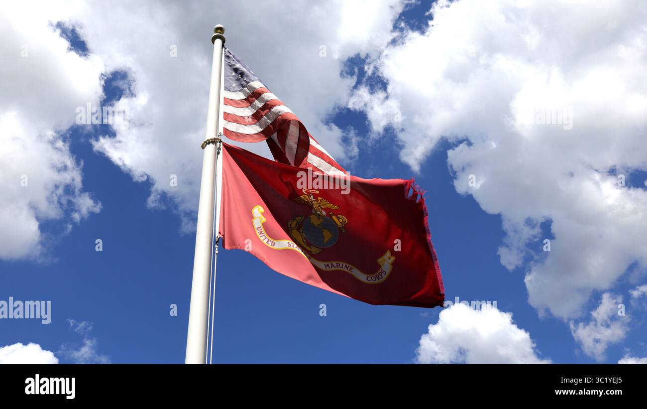 US and Marine Corps Flag flying Stock Photo - Alamy