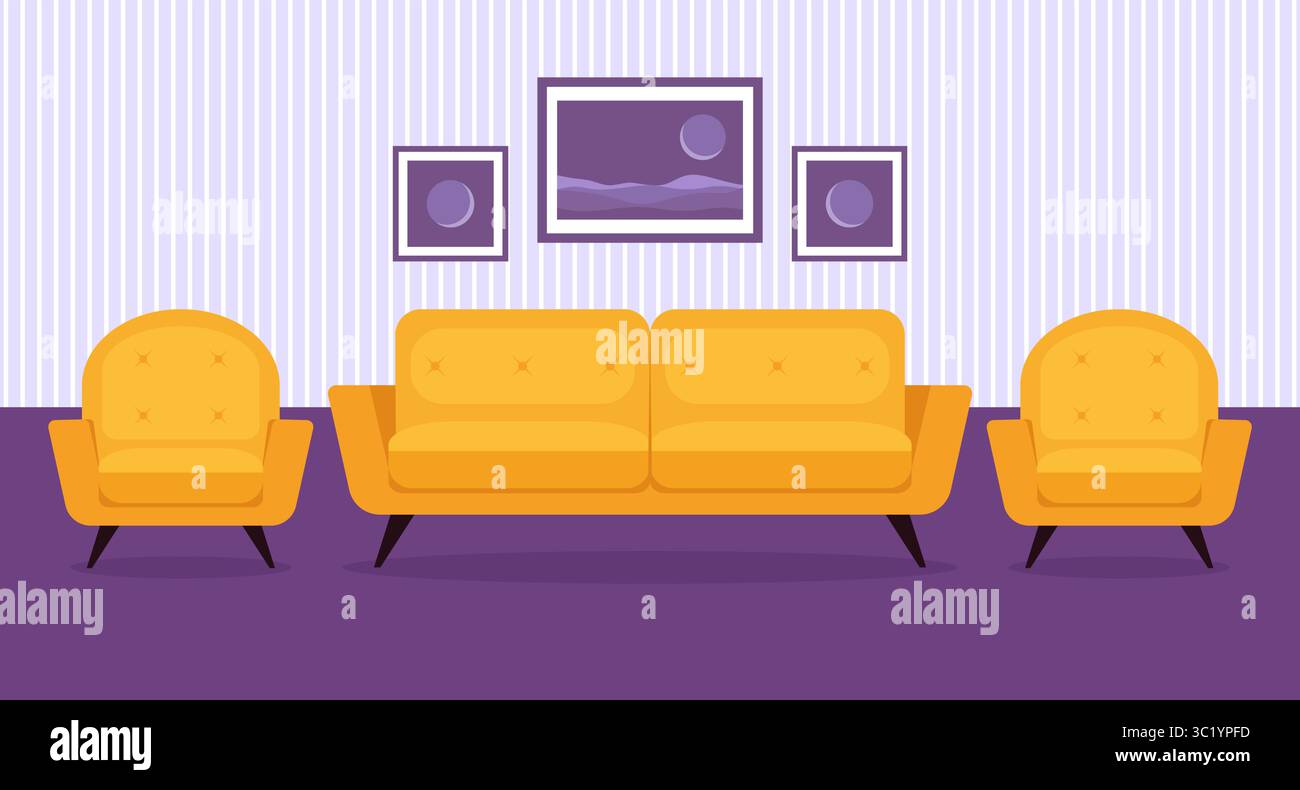 Living room with yellow sofa and armchairs in flat style. Vector ...