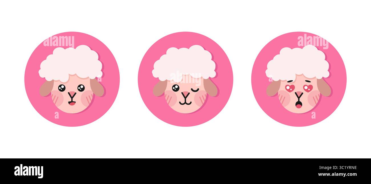 Cute cartoon sheep round icons. Lamb flat icons. Vector illustration ...