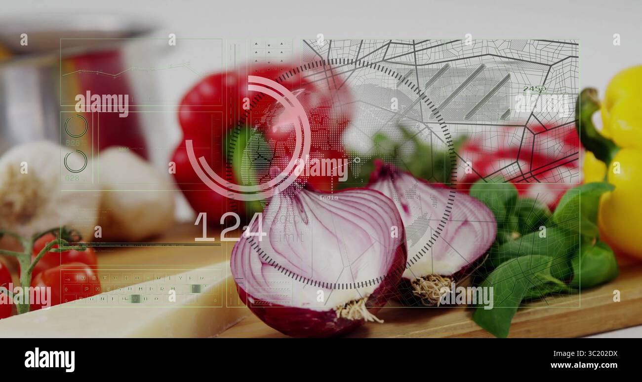 Displaying halved red onion resting on wooden board on kitchen countertop, with digital overlay Stock Photo