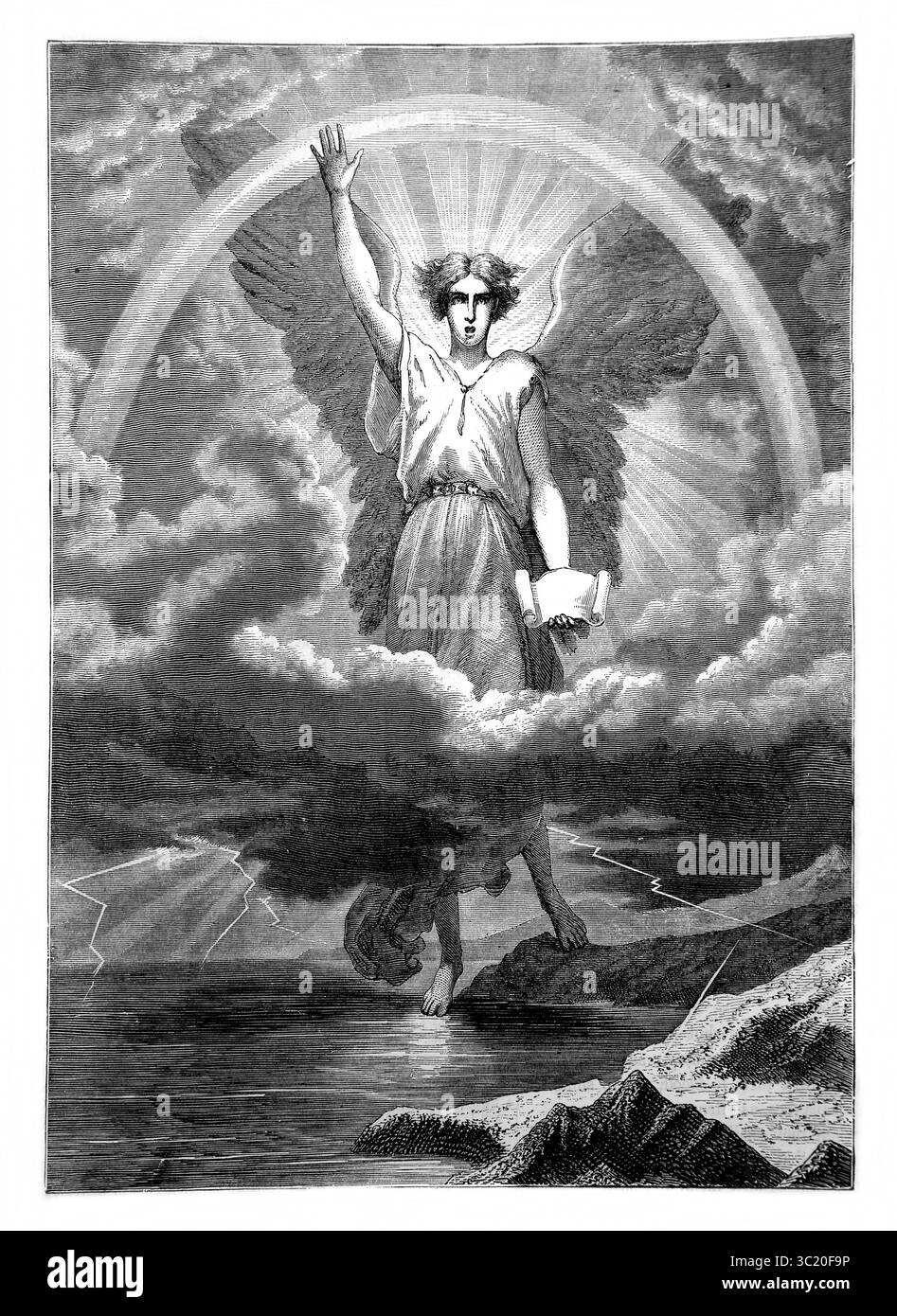 Illustration of The Mighty Angel surrounded by cloud and a rainbow above his head and holding a scroll with one foot on the sea and the other on land Stock Photo