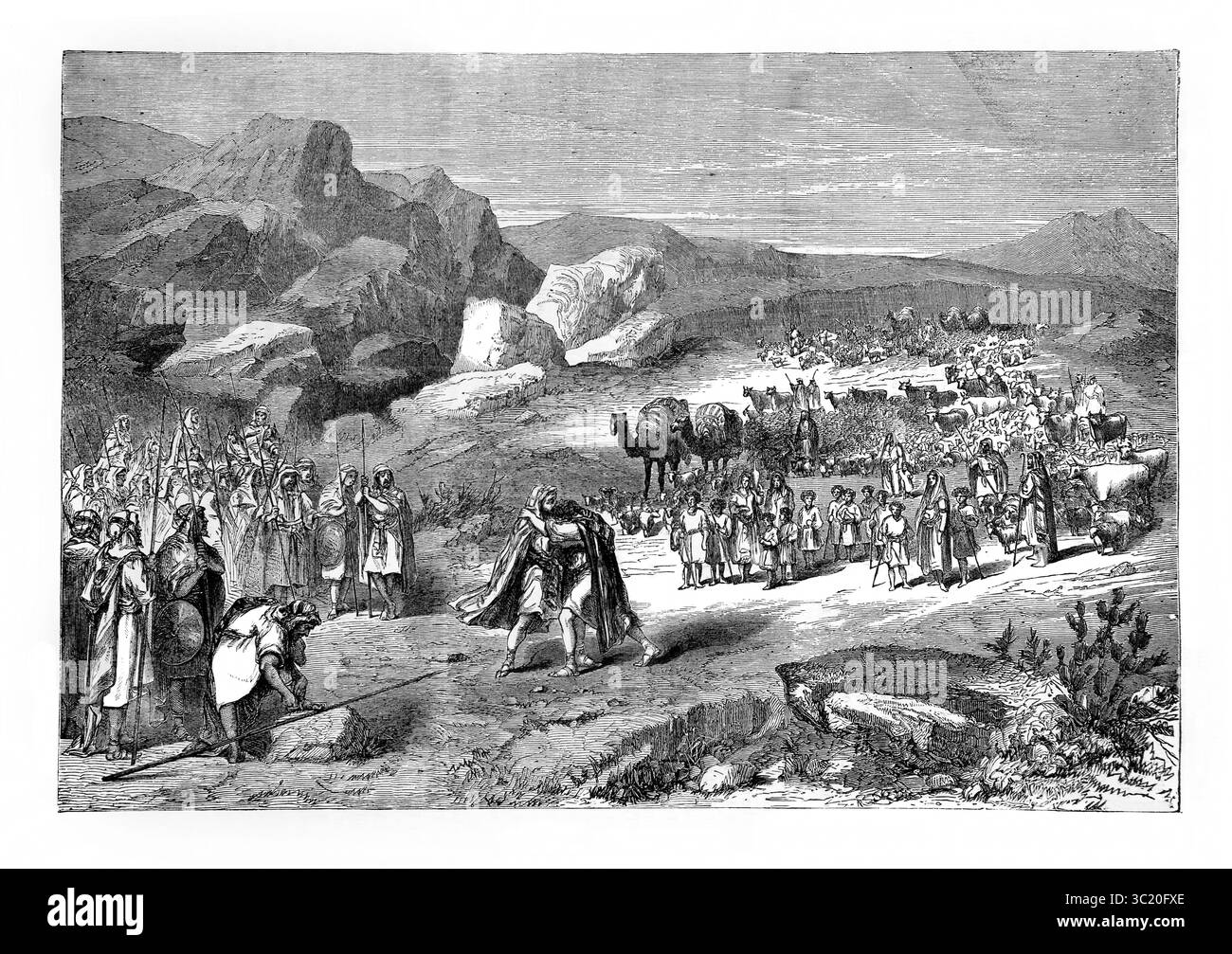 Illustration of The Meeting of Jacob and Esau (Genesis) the Brothers Embracing after Jacob bowed himself to the ground 7 times Esau then ran to his Br Stock Photo
