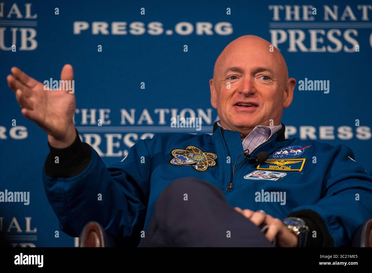 September 14, 2015 - Washington, DC, USA - Retired Astronaut Mark Kelly talks during a discussion with Astronaut Terry Virts, National Press Club President John Hughs, and Kelly's twin bother, Scott Kelly who is currently onboard the International Space Station, Monday, Sept. 14, 2015 at the National Press Club in Washington. The discussion is a day before Scott Kelly reaches halfway through his one year in space.  (Credit Image: © NASA/ZUMA Wire/ZUMAPRESS.com) Stock Photo