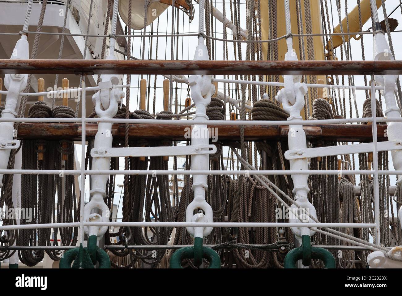 Complicated Rope Rigging Intricate Rigging and Ropes on a Tall Ship Close up photo Stock Photo ...