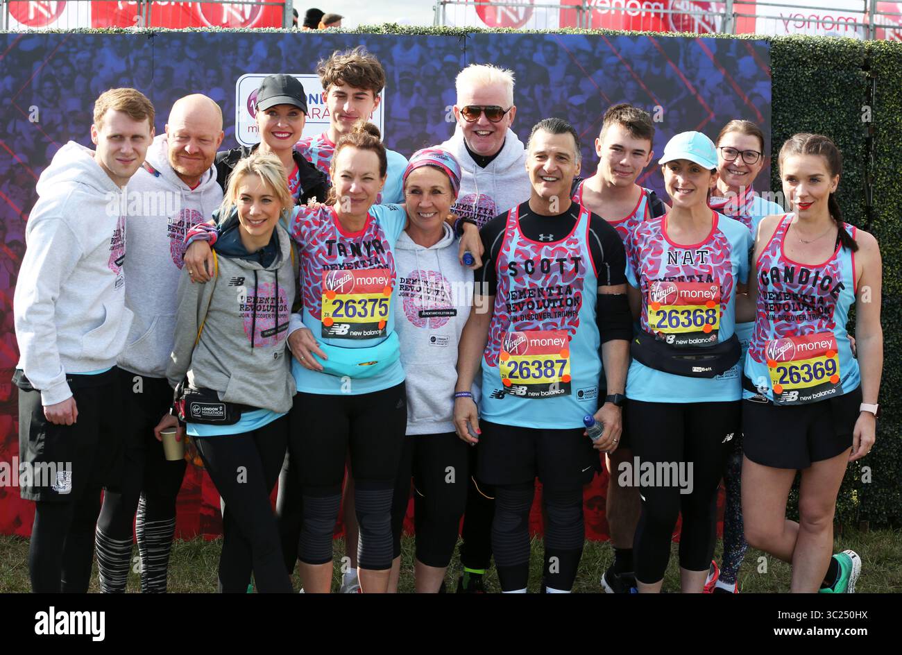 April 28, 2019 - London, United Kingdom - Chris Evans, Jamie Borthwick, Emma Barton, Kellie Shirley, Natalie Cassidy, Jane Slaughter, Tanya Franks, Scott Mitchell, Jake Wood, Adam Woodyatt and Candice Brown at the Virgin Money London Marathon 2019 (Credit Image: © Brett Cove/SOPA Images via ZUMA Wire) Stock Photo